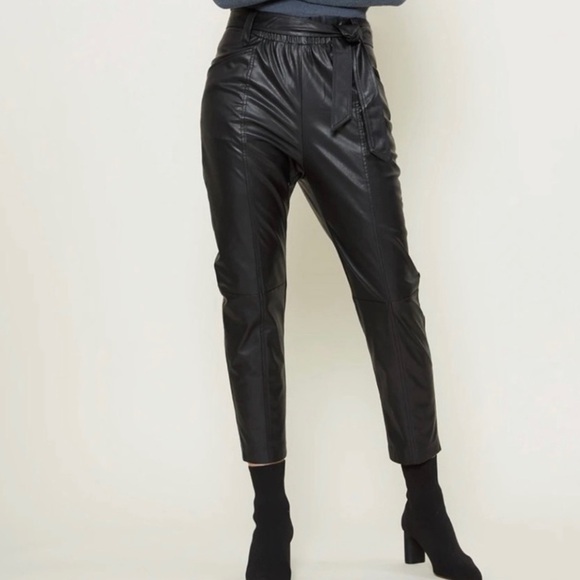 Current Air Faux Leather High Rise Tie Waist Cropped Trouser Pant Black Medium - Picture 4 of 16